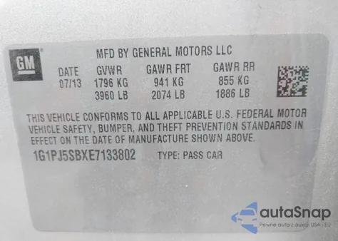 2014 Chevrolet Cruze Eco Manual z USA, uszkodzony, nr VIN 1G1PJ5SBXE7133802